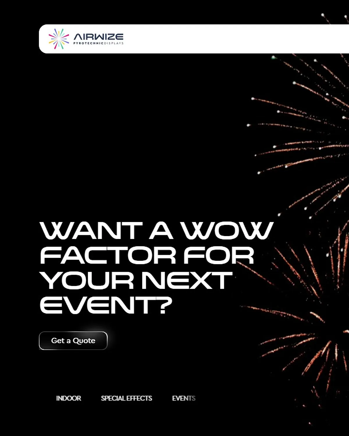 The Airwize Pyrotechnic Displays website open on a laptop, above a panel reading Check out our new website.