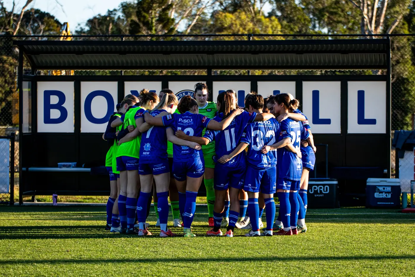 The Box Hill United team in a huddle in front of the BOX HILL sign