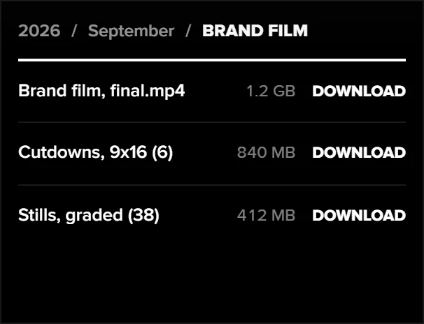 Files sorted by year, month and job, each with a Download button