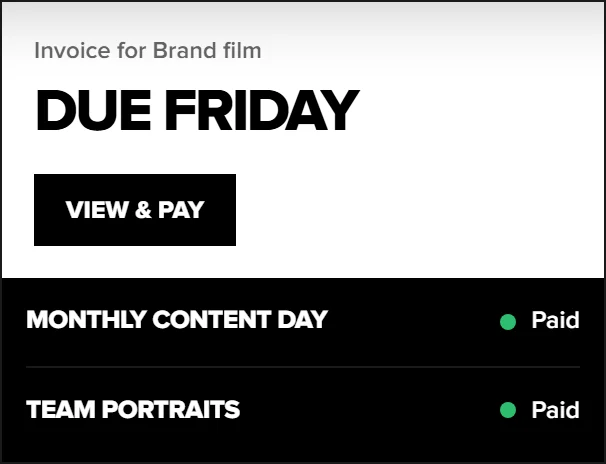 An invoice for Brand film due Friday with a View and Pay button, and two paid jobs below