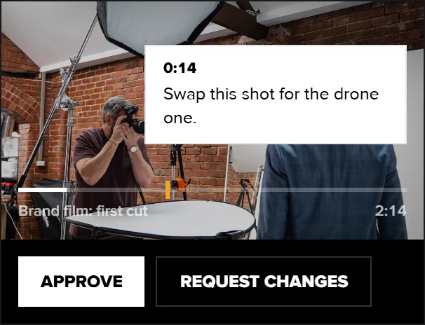 A frame from a shoot with a note pinned at 0:14, and Approve and Request changes buttons